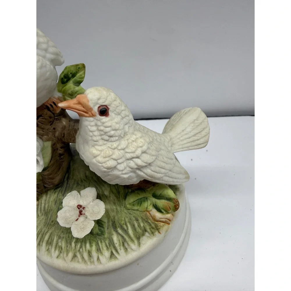 Vintage Bisque Porcelain White Birds on Branch Rotating Music Box Figurine